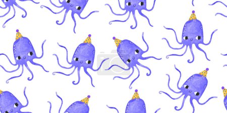 Téléchargez les photos : Modèle sans couture avec méduses. Une pieuvre bleue dans une casquette célèbre son anniversaire. Au fond de l'eau. Océanie. Illustration dessinée à la main par des enfants sur un backgroun isolé - en image libre de droit