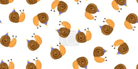 Téléchargez les photos : Modèle sans couture avec escargots. Un escargot dans une casquette fête son anniversaire. Au fond de l'eau. Océanie. Illustration dessinée à la main par des enfants sur un backgroun isolé - en image libre de droit