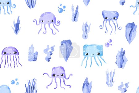Nahtloses Muster mit blauen Quallen. Unterwasserwelt, Korallen und Riffe, Meerestiere. Hintergrund für Kinder. Ideal für Textilien, Geschenkpapier, Kinderwagen