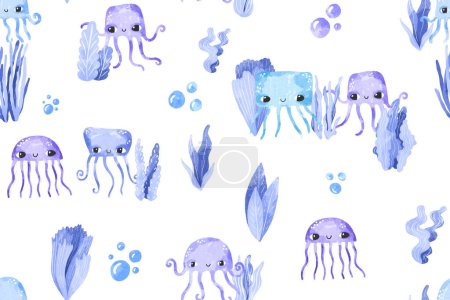 Nahtloses Muster mit blauen Quallen und Algen. Unterwasserwelt. Hintergrund für Kinder. Ideal für Textilien, Geschenkpapier, Kinderzimmer