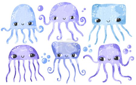 Lustige blaue Quallen. Unterwasserwelt Einfache Zeichnung im skandinavischen Stil. Handgezeichnete Medusa-Illustration auf isoliertem Hintergrund