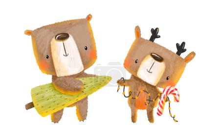 Bear and deer celebrate winter holidays with christmas tree and garland. Isolated kids illustration. Winter card