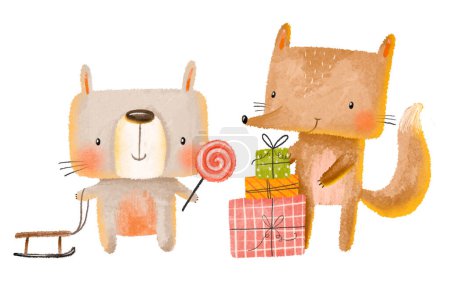 Foto de El conejo y el zorro celebran las vacaciones de invierno con piruletas de caramelo y regalos. Ilustración de niños aislados - Imagen libre de derechos