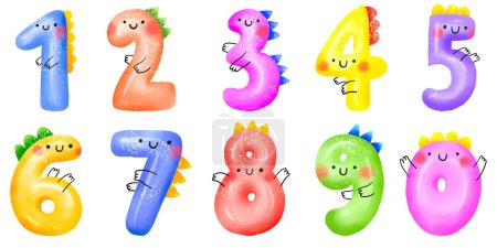 Monthly childish numbers with cute dinosaurs. Dinocards templates.  From 1 to 10 figures. Cute funny numbers for little baby on isolated background