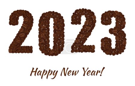Illustration for Happy New Year. Figures 2023 created from coffee beans isolated on a white background. - Royalty Free Image