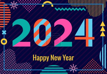Illustration for Stylish greeting card. Happy New Year 2024. Trendy geometric font in memphis style of 80s-90s. Digits and abstract geometric shapes on striped dark blue background - Royalty Free Image