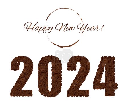 Ilustración de Feliz Año Nuevo. Figuras 2024 creadas a partir de granos de café aislados sobre un fondo blanco. - Imagen libre de derechos