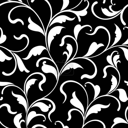 Ilustración de Elegante patrón sin costuras con remolinos y hojas sobre un fondo negro. Textura para papel pintado, decoración del hogar, textil, diseño de paquetes o invitación - Imagen libre de derechos