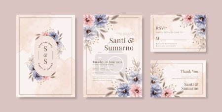 Beautiful rustic wedding invitation template with floral watercolor