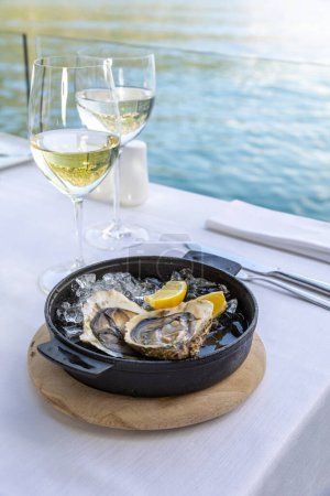 Téléchargez les photos : Huîtres servies sur une table de restaurant avec du vin - en image libre de droit