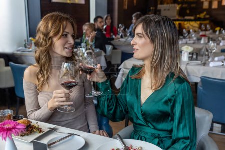 Téléchargez les photos : Petites amies griller au vin dans le restaurant - en image libre de droit