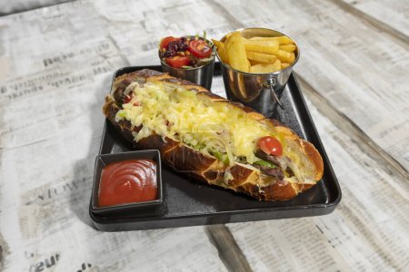 Téléchargez les photos : Cheese beef sandwich served with french potatoes - en image libre de droit