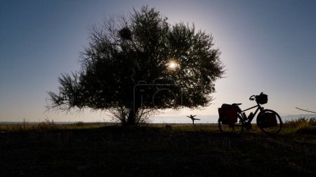 Foto de Estilo de vida de ciclista viajero bajo un gran árbol individual - Imagen libre de derechos