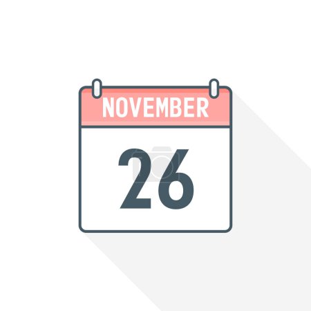 Illustration for 26th November calendar icon. November 26 calendar Date Month icon vector illustrator - Royalty Free Image