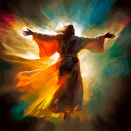Ilustración de Vista trasera de Jesucristo, con las manos levantadas sobre el fondo de rayos multicolores. Ilustración vectorial - Imagen libre de derechos