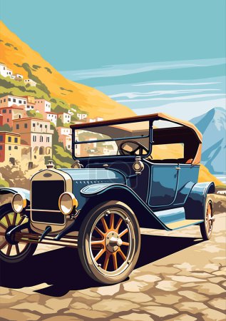 Illustration for Vintage retro car on the street of the old city. Vector illustration - Royalty Free Image