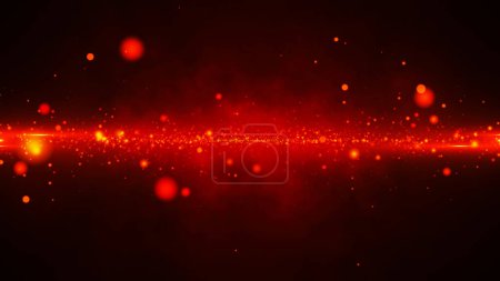 Abstract particle movement on a neon red background. Animation of fast moving bright fire particles on a dark background. Space background. 3D vector