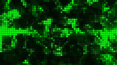 Grüner Mosaik-Hintergrund im Technologiekonzept. Abstrakte bunte LED-Quadrate. Technologie digitale quadratische grüne Farbe Hintergrund. Heller Pixelgitterhintergrund. Vektorhintergrund.