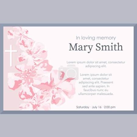 Illustration for Funeral or baptism card template with pink background, and pink flowers, with gray border. Condolence card vector illustration - Royalty Free Image
