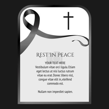 plantilla de tarjeta funeraria con cinta negra y cruz negra. Elegante ilustración vectorial en blanco y negro para tarjeta de condolencia