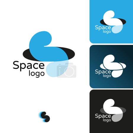 Ilustración de Logo con un agujero y un icono en forma de S. Ideal para negocios y tiendas relacionadas con el espacio. Versión en color, blanco y negro y gris. Ilustración vectorial - Imagen libre de derechos