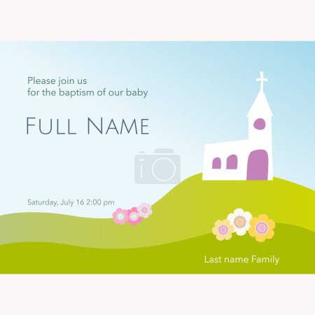 Téléchargez les illustrations : Modèle de carte de baptême avec église blanche, au sommet d'une montagne, et fleurs colorées. Illustration vectorielle - en licence libre de droit