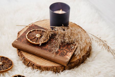 Photo for Vintage paper book on pine tree wood disc with dry reed and dried orange slice. Aroma candle burning, objects on sheepskin. Cozy winter autumn set. - Royalty Free Image