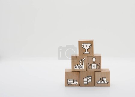 wooen cube block in fatory logistic ,materials,prodictive line,tech control for success business concept