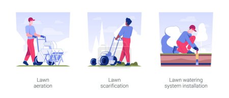 Illustration for Lawn maintenance service isolated concept vector illustration set. Lawn aeration and scarification, watering system installation, meadow care, landscaping and gardening industry vector cartoon. - Royalty Free Image