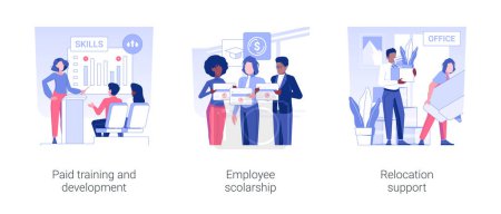 Employee education isolated concept vector illustration set. Paid training and development, employee scolarship, relocation support, tuition assistance program, loan payment vector cartoon.