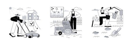 Illustration for Turf maintenance abstract concept vector illustration set. Lawn mowing service, aeration and repair, gardening, grass fertilization, remove dandelion, thatch and moss, overseeding abstract metaphor. - Royalty Free Image
