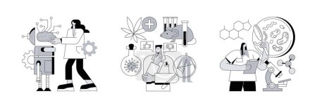Ensemble d'illustrations vectorielles abstraites de science biologique. Cybernétique et bioéthique, technologie microbiologique, industrie robotique, éthique médicale et recherche en biotechnologie, métaphore abstraite de laboratoire.
