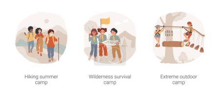 Illustration for Summer camps for gradeschoolers isolated cartoon vector illustration set. Hiking summer camp, wilderness survival scouts outdoor living program, extreme sport education, vector cartoon. - Royalty Free Image