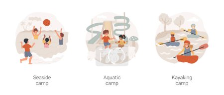 Illustration for Water sports summer camps isolated cartoon vector illustration set. Sea adventure for kids, aquatic park fun outdoor activities, kayaking and canoeing, swimming and diving class vector cartoon. - Royalty Free Image
