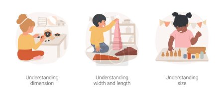Visuelle Diskriminierung Montessori Lektion isoliert Cartoon Vektor Illustration Set. Verstehen von Dimension, Breite, Länge und Größe, Montessori-Vorschule, visueller Sinn Übungs-Vektor-Cartoon.