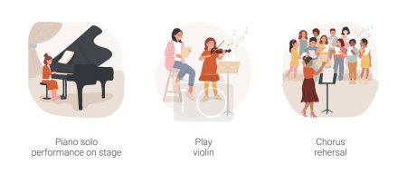 Illustration for Classic music classes for children isolated cartoon vector illustration set. Orchestra class, piano solo performance on stage, play violin, chorus rehearsal, middle school elective vector cartoon. - Royalty Free Image
