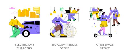 Illustration for Office transportation isolated cartoon vector illustrations set. Electric car chargers near smart office, bicycle-friendly workspace, riding an electric scooter at modern workplace vector cartoon. - Royalty Free Image