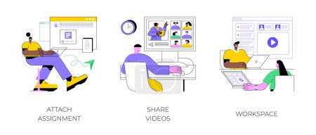 E-Learning-Plattform verfügt über isolierte Cartoon-Vektor-Illustrationen Set. Zuweisung, Freigabe von Videos, Arbeitsplatz im virtuellen Klassenzimmer, Fernunterricht und Videokonferenz-Vektor-Cartoon.