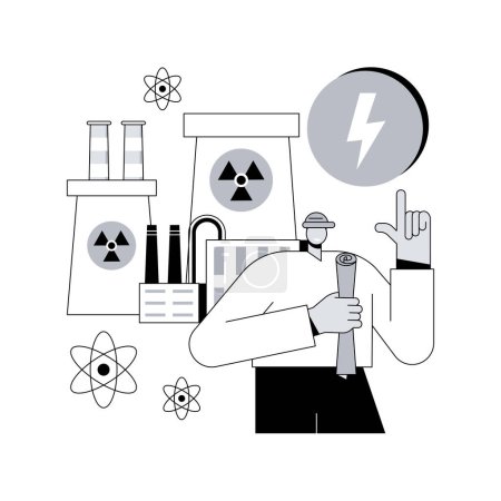 Illustration for Nuclear energy abstract concept vector illustration. Nuclear power plant, sustainable energy source, cooling towers, uranium atom, distribution system, generate electricity abstract metaphor. - Royalty Free Image
