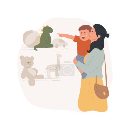 Illustration for Whims in a shop isolated cartoon vector illustration. Mom carries crying toddler, kid pointing at a storefront, shopping mall, child whims, wanting a toy, together in the shop vector cartoon. - Royalty Free Image