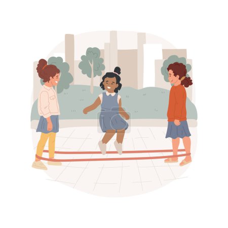 Illustration for Chinese jump rope isolated cartoon vector illustration. Girls standing with elastic rubber band around ankles, one kid jumping over chinese rope, students having fun, recess vector cartoon. - Royalty Free Image