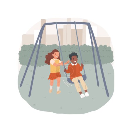 Illustration for Swing isolated cartoon vector illustration. Child sitting on swing, kid pushing behind, school playground facility, recess activity, childhood fun, happy time vector cartoon. - Royalty Free Image