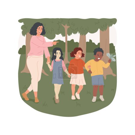 Escuela forestal ilustración vectorial de dibujos animados aislados. Adulto líder pequeño grupo de niños en el bosque, desescolarización, viaje de campo, explorar la naturaleza, la actividad al aire libre estacional vector de dibujos animados.