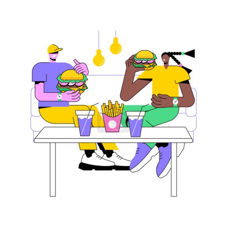 Téléchargez les illustrations : Cuisine américaine illustrations vectorielles de dessins animés isolés. Couple souriant s'amuser et manger des hamburgers et des frites dans un café ensemble, dépendance à la malbouffe, traîner vecteur dessin animé. - en licence libre de droit