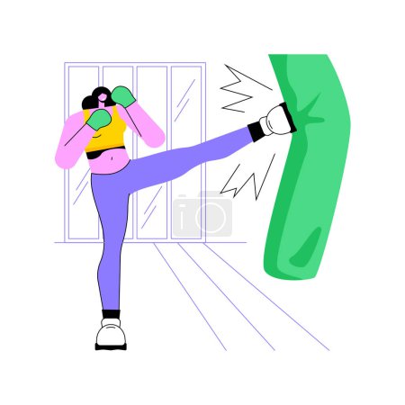 Ilustración de Practice blows isolated cartoon vector illustrations. Young sporty girl practices kickboxing in the gym, training alone, hit punching bag, make blows wearing special gloves vector cartoon. - Imagen libre de derechos
