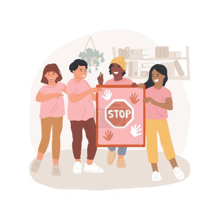 Anti-Mobbing-Tag vereinzelt Karikaturenvektorillustration. Klasse trägt rosa Hemden, macht Plakate mit Stoppschild, Anti-Mobbing-Schulkampagne, Sensibilisierung, lehrt Freundlichkeit Vektor Karikatur.