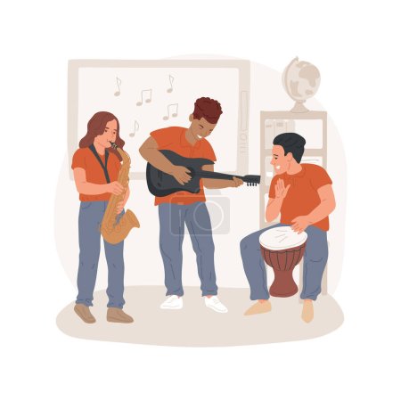 Illustration for Music club isolated cartoon vector illustration. Music program for young teens, after school activity, creative student club, children dressed in one color play instruments vector cartoon. - Royalty Free Image