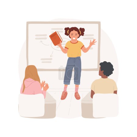 Illustration for Reading comprehension isolated cartoon vector illustration. Student makes presentation of book in front of classmates, public speech, oral language, reading skill, comprehension vector cartoon. - Royalty Free Image