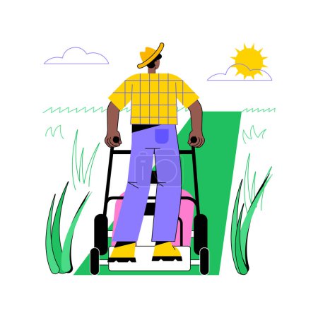 Illustration for Controlling weeds by mowing isolated cartoon vector illustrations. Farmer with mowing machine on field, modern agriculture, organic farming industry, gardening equipment vector cartoon. - Royalty Free Image
