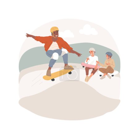 Skatepark isoliert Cartoon Vektor Illustration. Junger Skater-Teenager springt mit Skateboard auf Rampe im Skatepark, sportlicher Typ führt extreme Tricks aus, aktiver Lifestyle-Vektor-Cartoon.